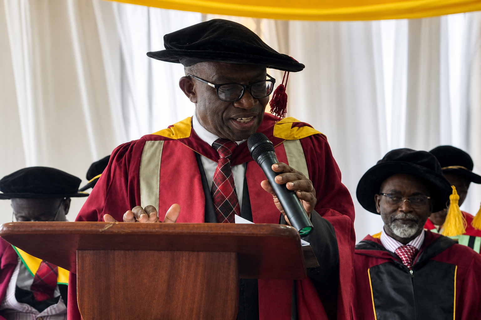 Professor John Micah, Rector of IDTM, speaking at the podium during the 10th Congregation
